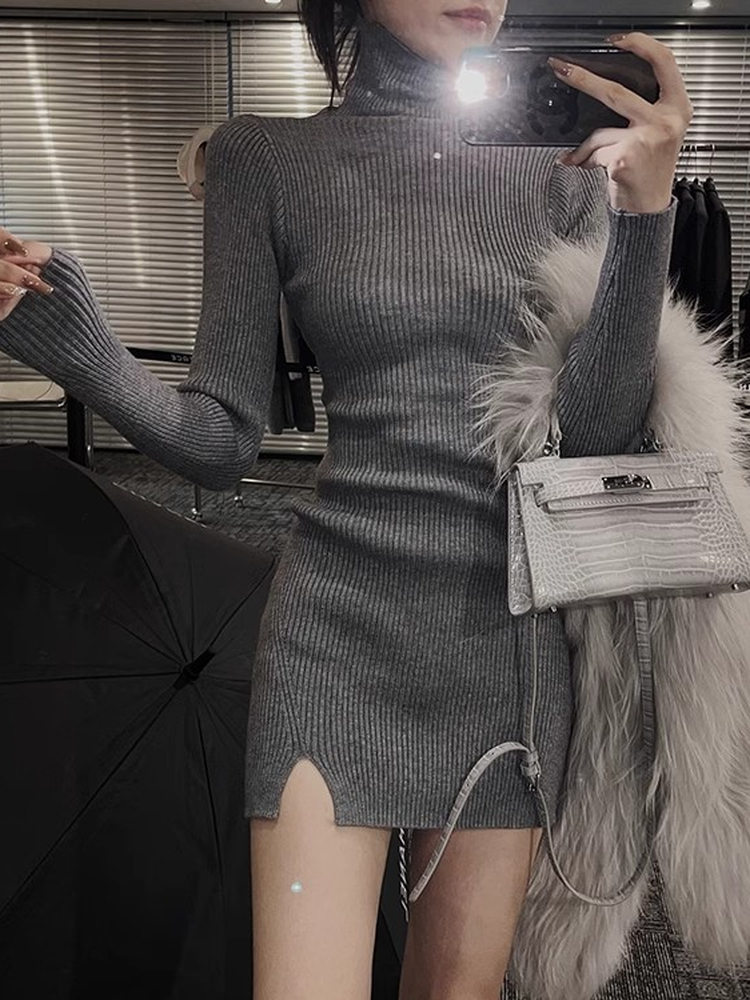 Bodycon Long Sleeve Ribbed Dress - Abito mini aderente da donna, in