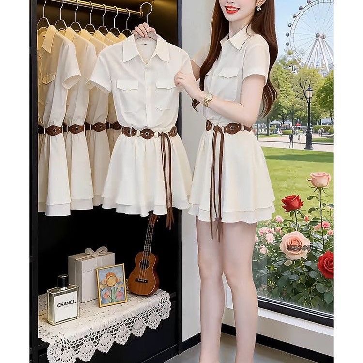 Korean Style A Line Shirt Dress - Abito chemisier a maniche corte stile