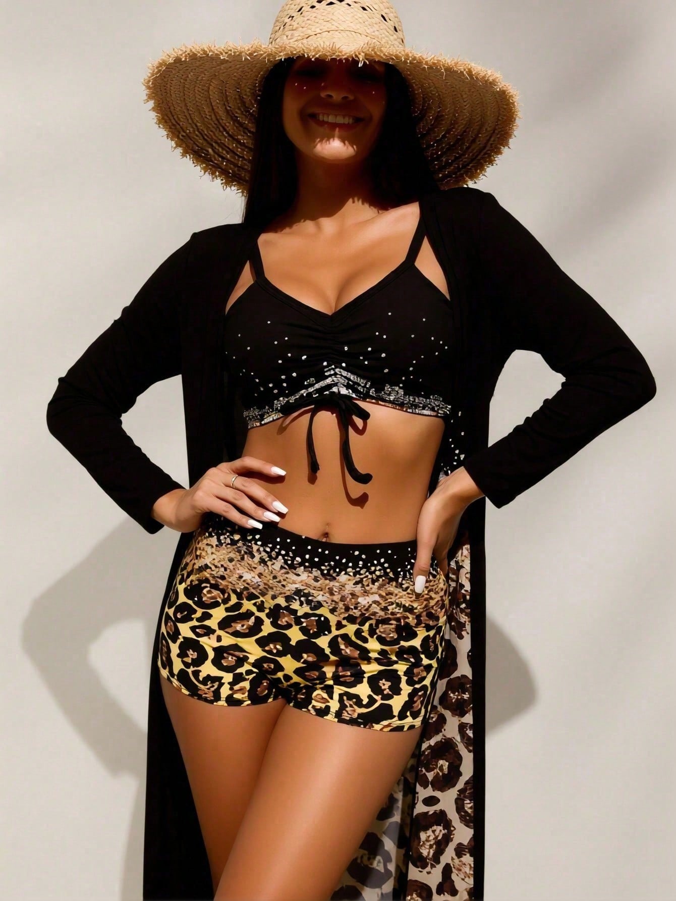 Tops - Top bikini nero con strass da