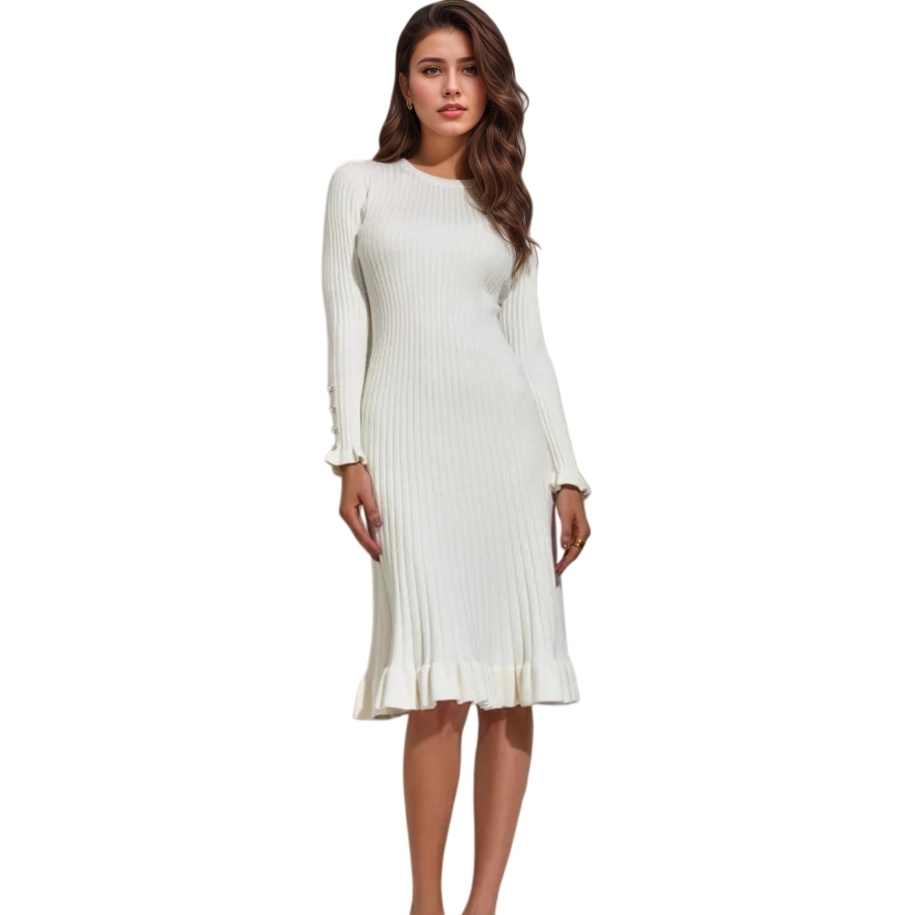 Bodycon Long Sleeve Ribbed Dress - Abito aderente a maniche lunghe in