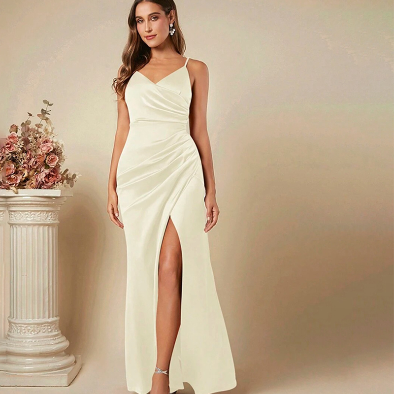 Elegant Satin Evening Gown Split - Abito elegante da donna con bretella