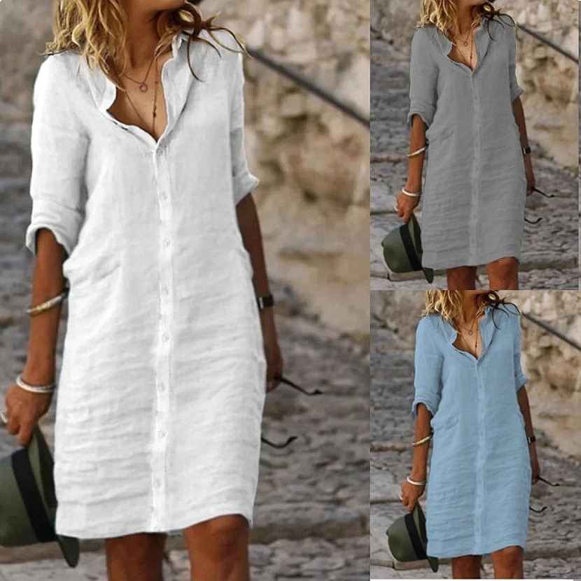 Casual Loose Linen Shirt Dress - Abito Camicia Midi a Vestibilità Ampia