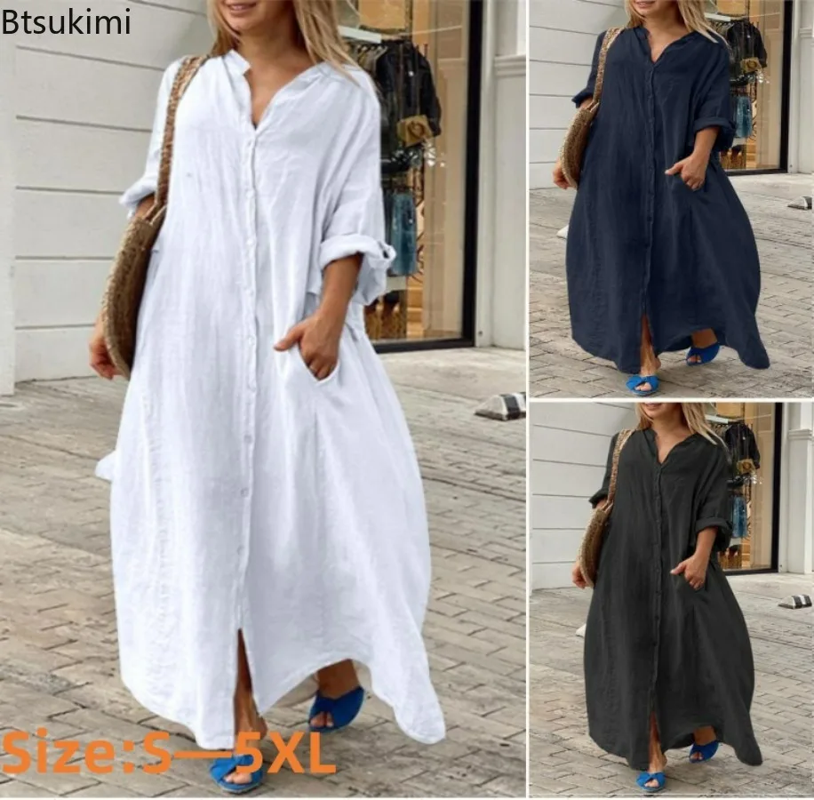 Casual Loose Linen Shirt Dress - Abito Lungo Casual da Donna in