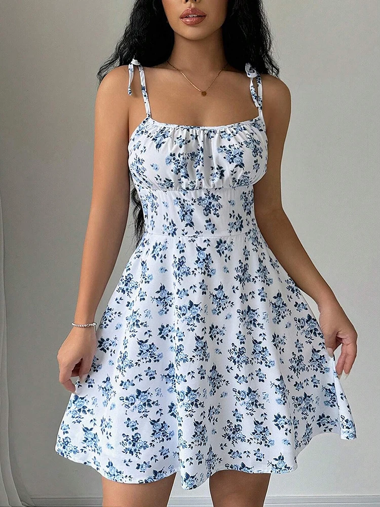 French Vintage Floral Midi Dress - Abito corto da spiaggia con cinturino