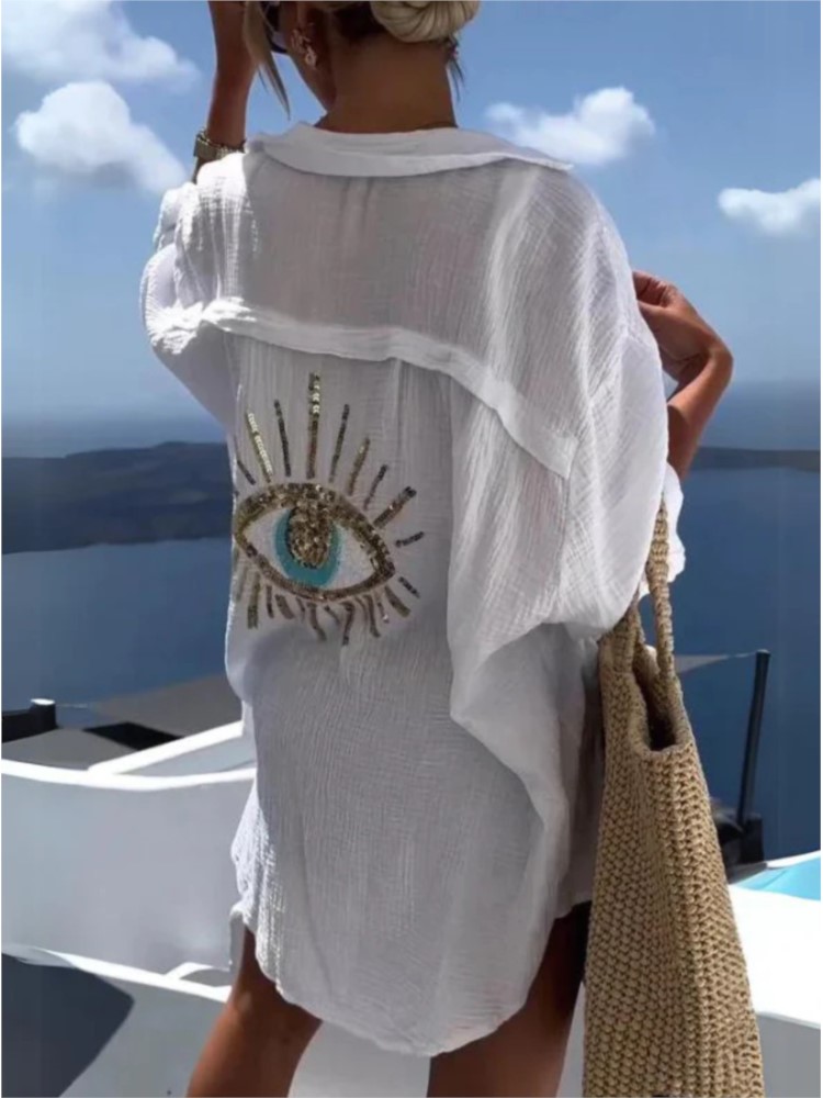 Casual Loose Linen Shirt Dress - Primavera estate Casual paillettes Eye Shirt