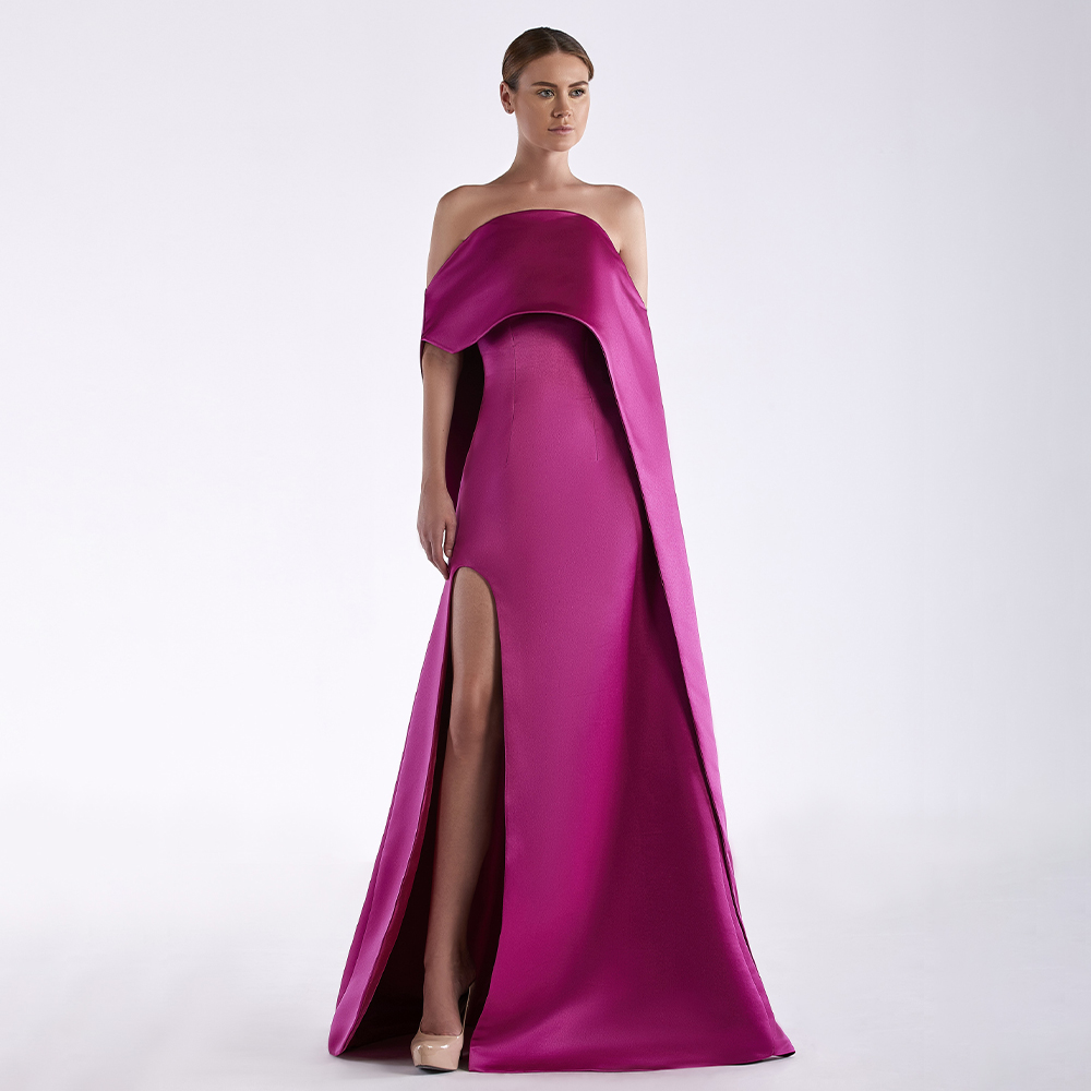 Elegant Satin Evening Gown Split - Abito da sera in raso fucsia
