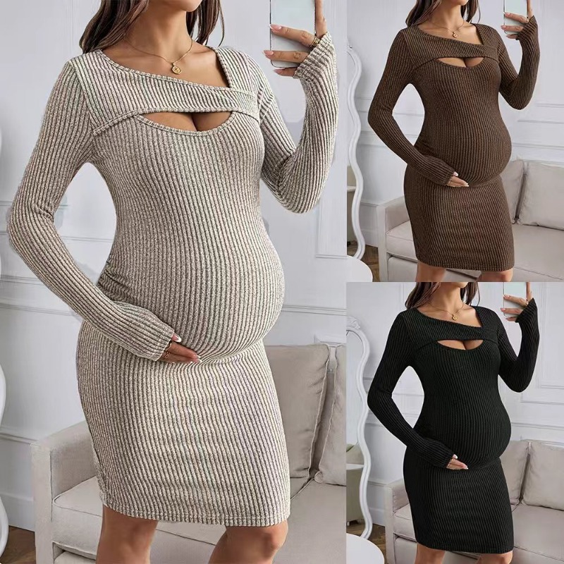 Bodycon Long Sleeve Ribbed Dress - Abito Premaman a Maniche Lunghe in