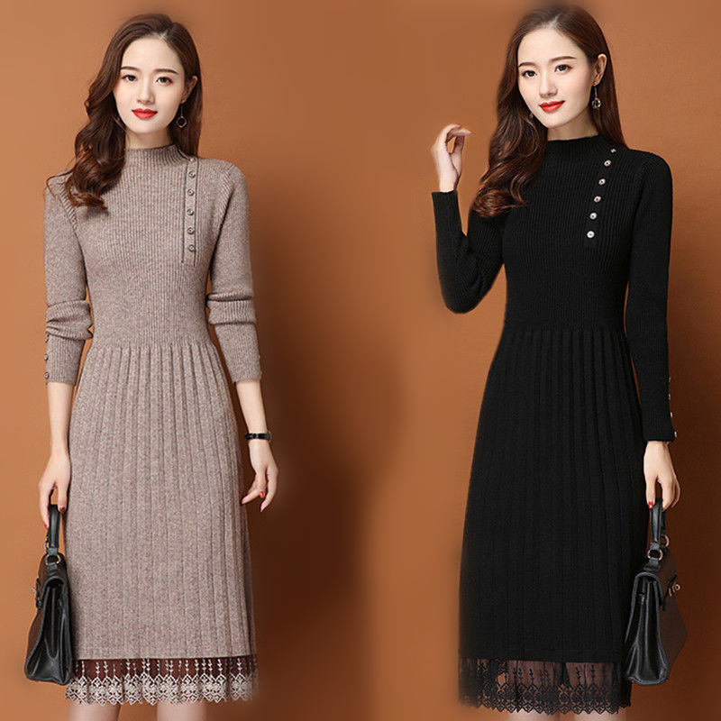 Bodycon Long Sleeve Ribbed Dress - Bottoni con orlo in pizzo Donna