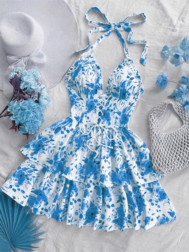 French Vintage Floral Midi Dress - Abito Corto da Donna Stile Vacanza