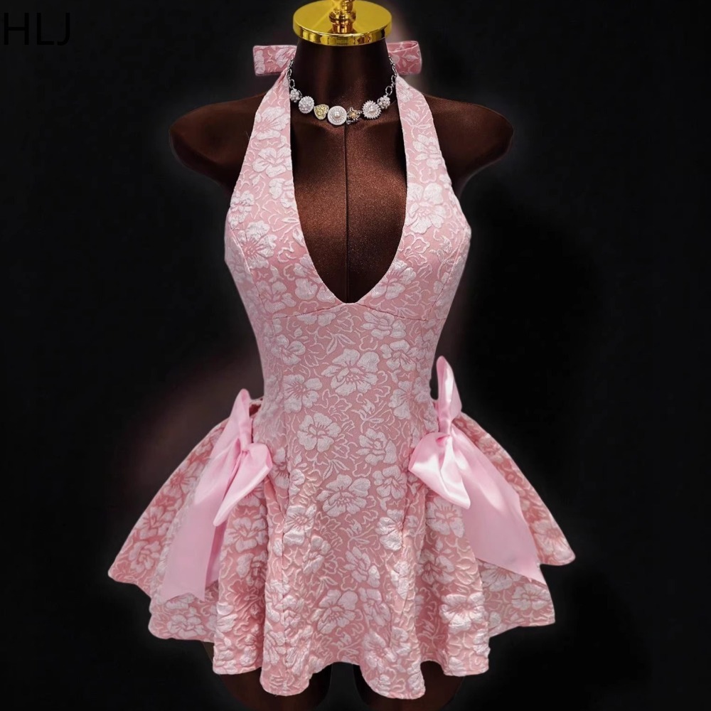 Y2K Backless Halter Mini Dress - HLJ Y2K Abito Sexy Jacquard Patchwork