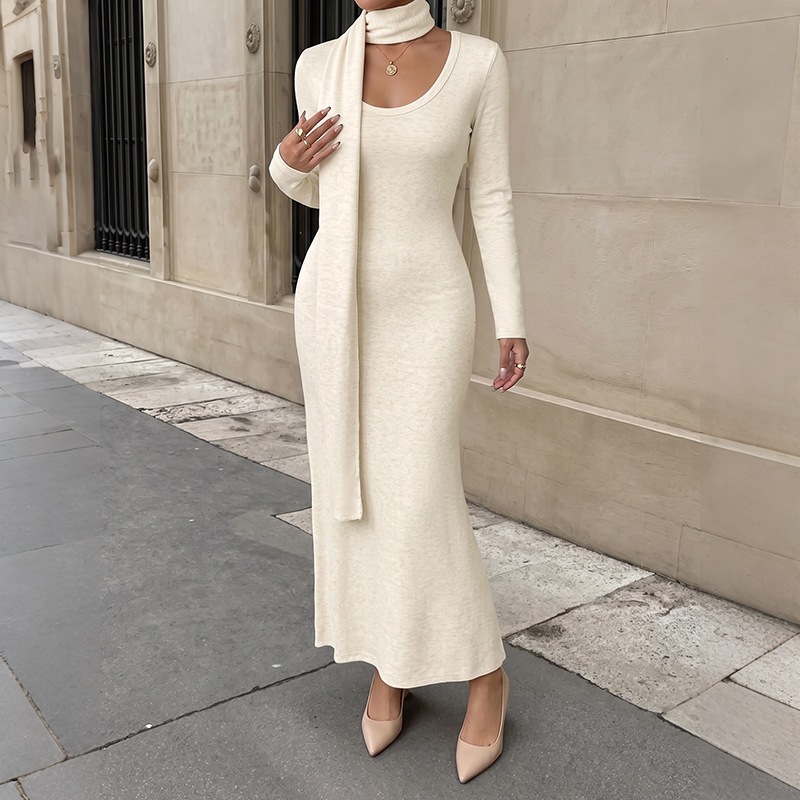 Bodycon Long Sleeve Ribbed Dress - Abito lungo elegante da donna in