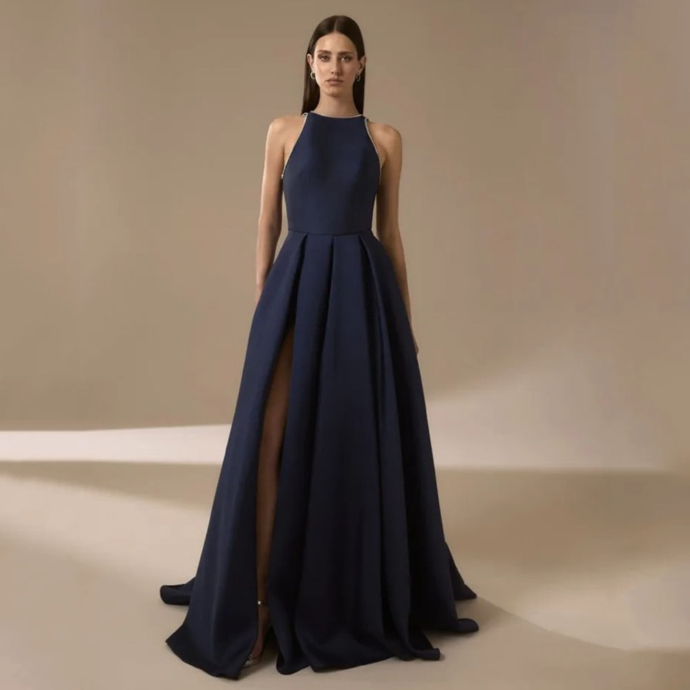 Elegant Satin Evening Gown Split - Abiti da sera in raso blu