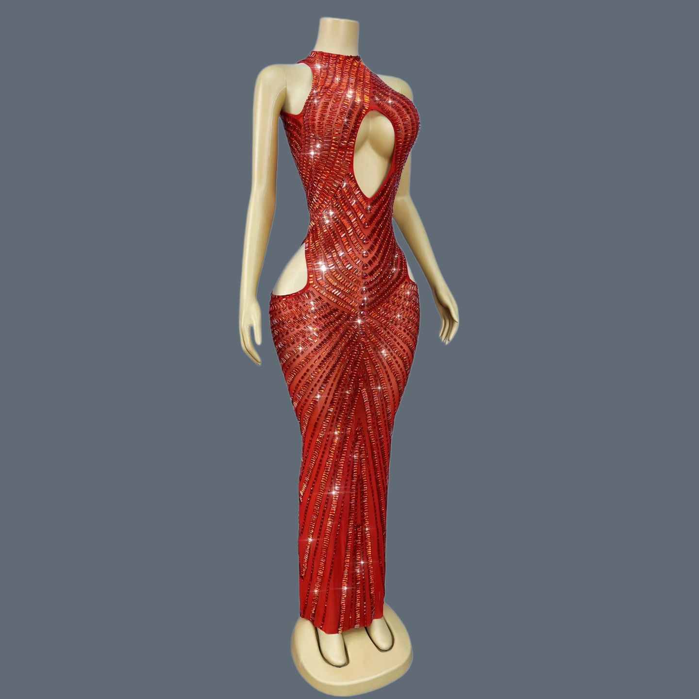 Sparkly Rhinestone Club Party Dress - Abito da Sera di Lusso Rosso