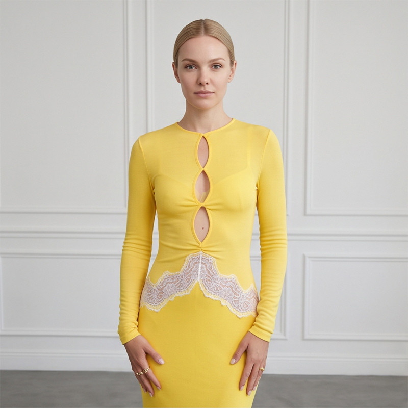 Abito lungo da donna giallo in - Bodycon Long Sleeve Ribbed Dress recensione e prezzo