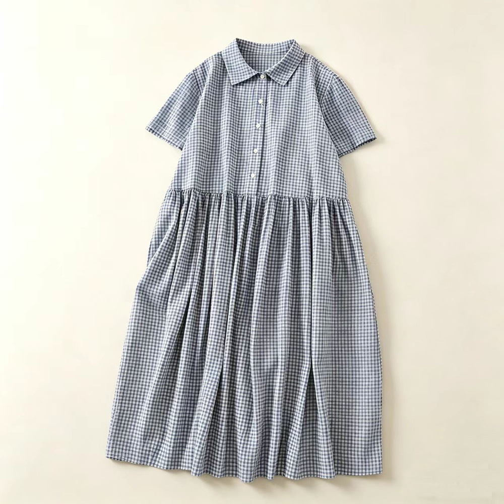 Abito Midi a Quadri Blu con Co - Casual Loose Linen Shirt Dress recensione e prezzo