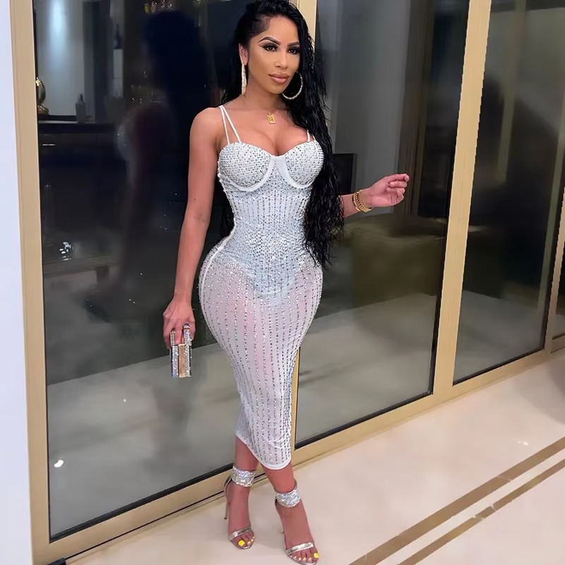 Abito sexy trasparente con str - Sparkly Rhinestone Club Party Dress recensione e prezzo