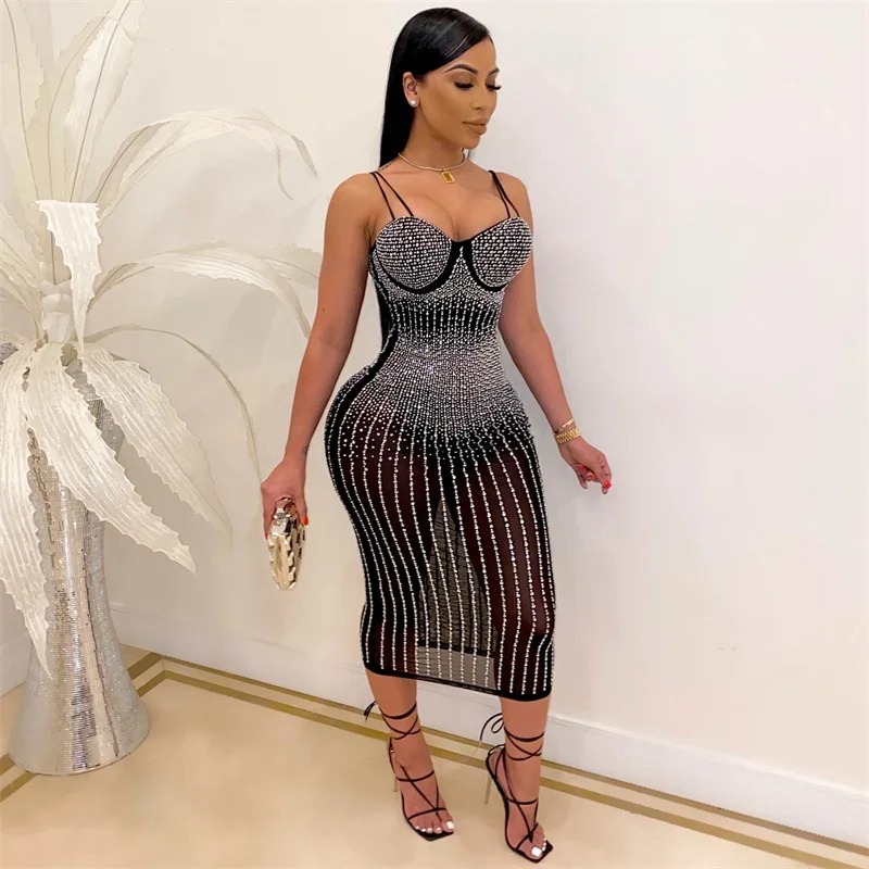 Abito sexy trasparente con str - Sparkly Rhinestone Club Party Dress recensione e prezzo